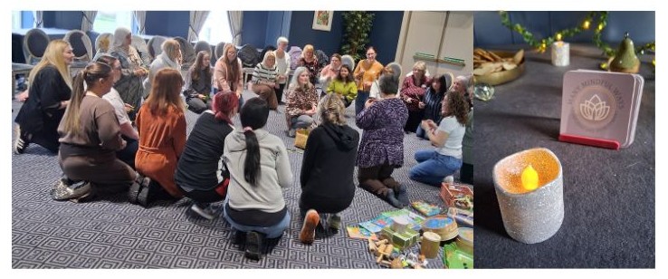 Educators gathered in a circle with mindfulness materials at the Kilashee Hotel wellbeing event