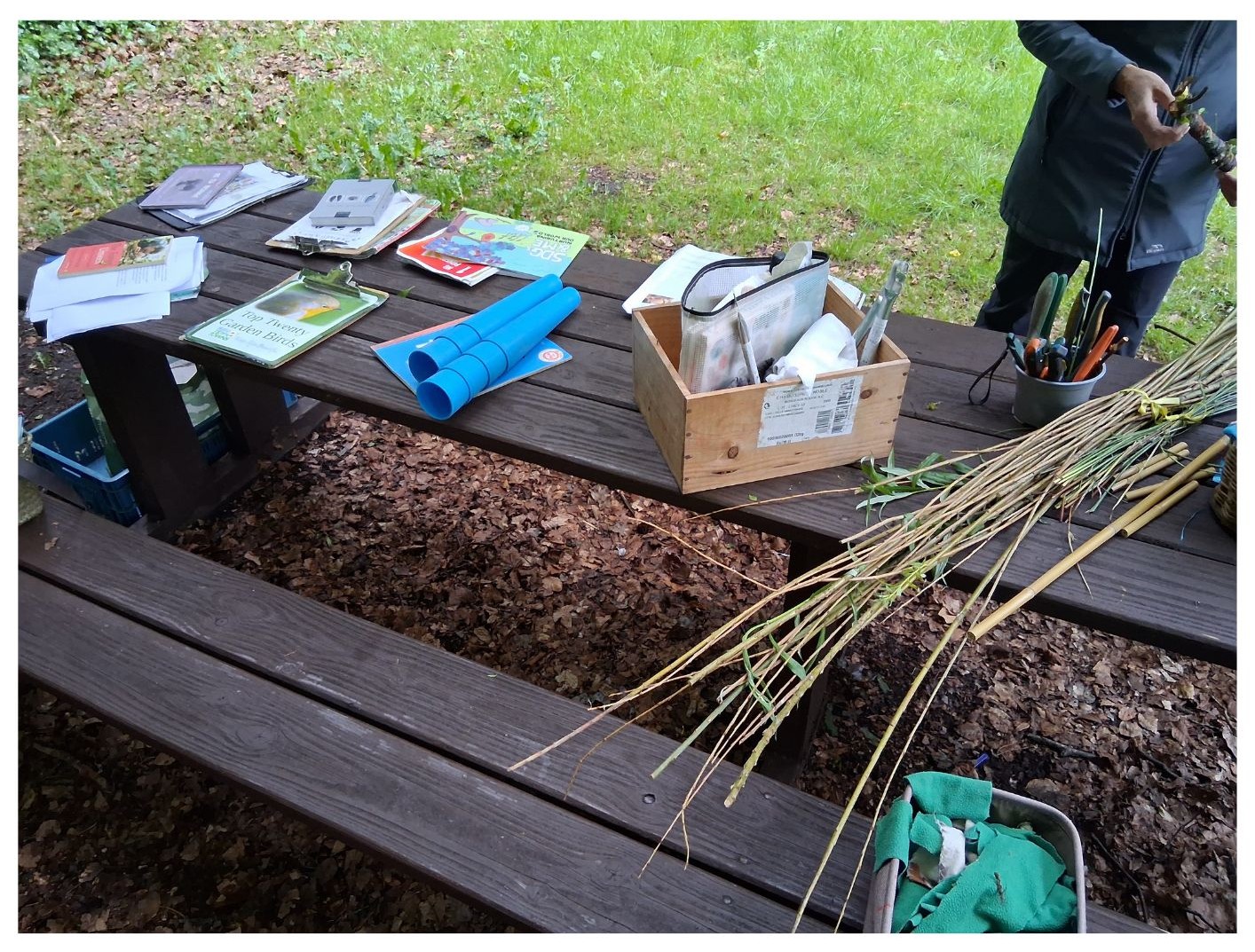 A forest picnic table laid with nature guidebooks, rolled mats, a wooden crate of craft supplies, pots of tools, and bundles of willow stems.