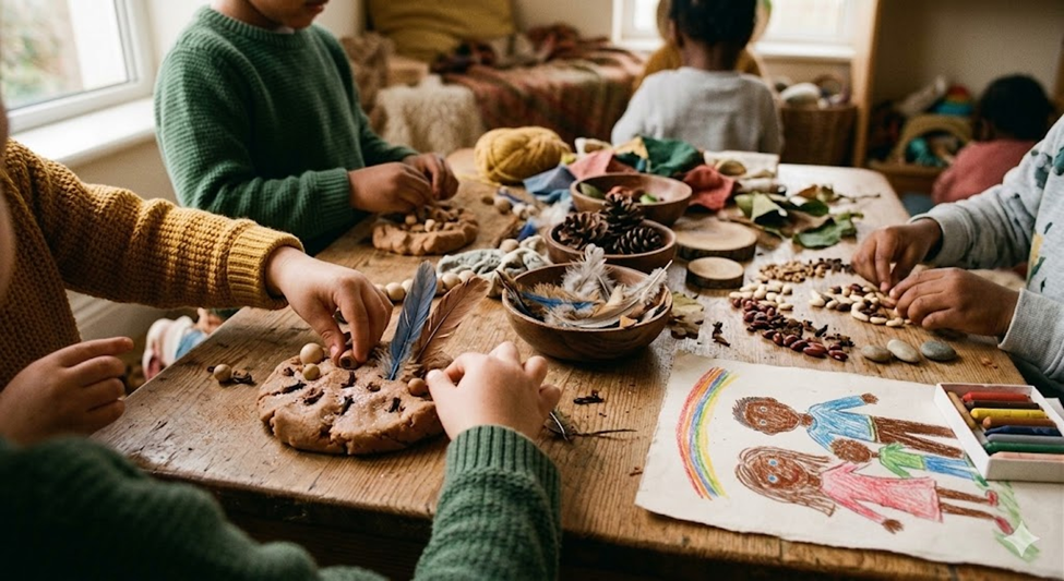 Children and families at a wooden table exploring playdough with pinecones, feathers, beads, and a child's drawing of her family.