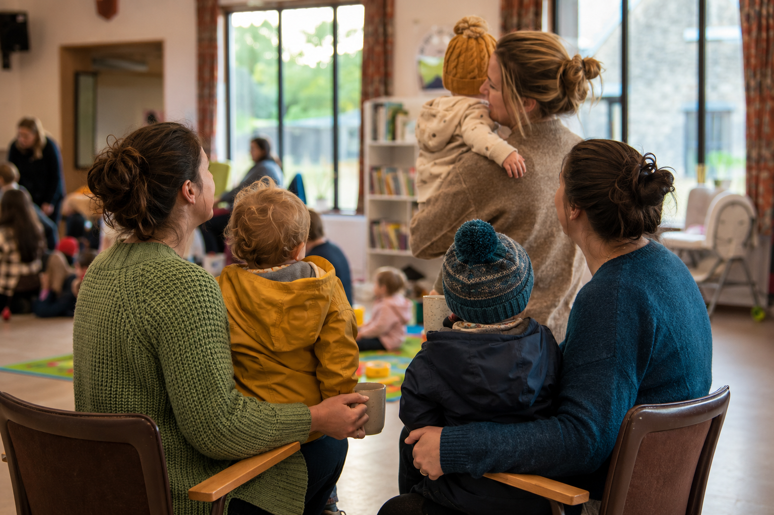Parents and carers with young children at a Parent and Toddler group, sharing tea and conversation while children play together.